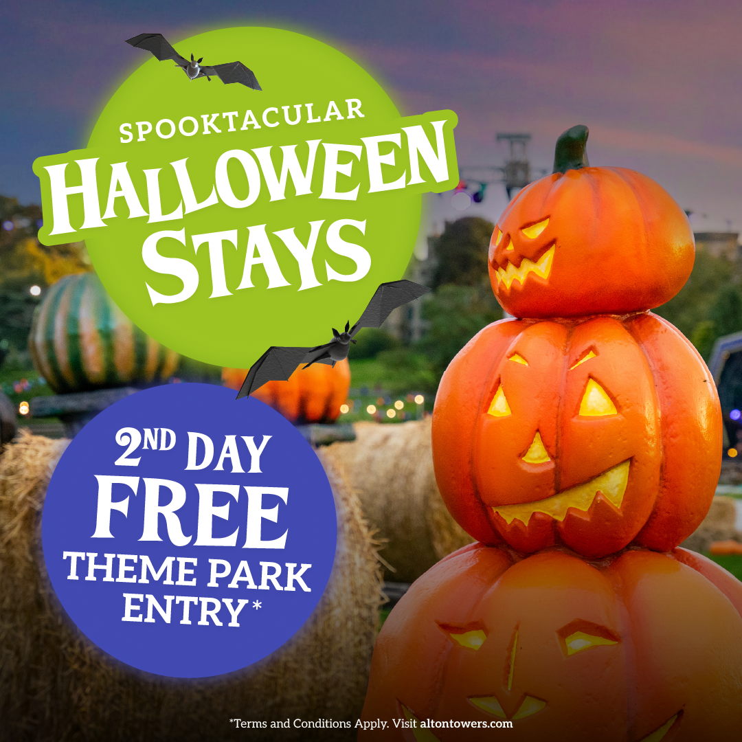 Spooktacular Halloween Stays with 2nd Day Free Theme Park Entry next to a stack of Pumpkins 